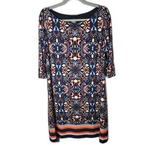 Vince Camuto Women's Navy Blue Paisley Print 3/4 Sleeve Shift Dress Size 14